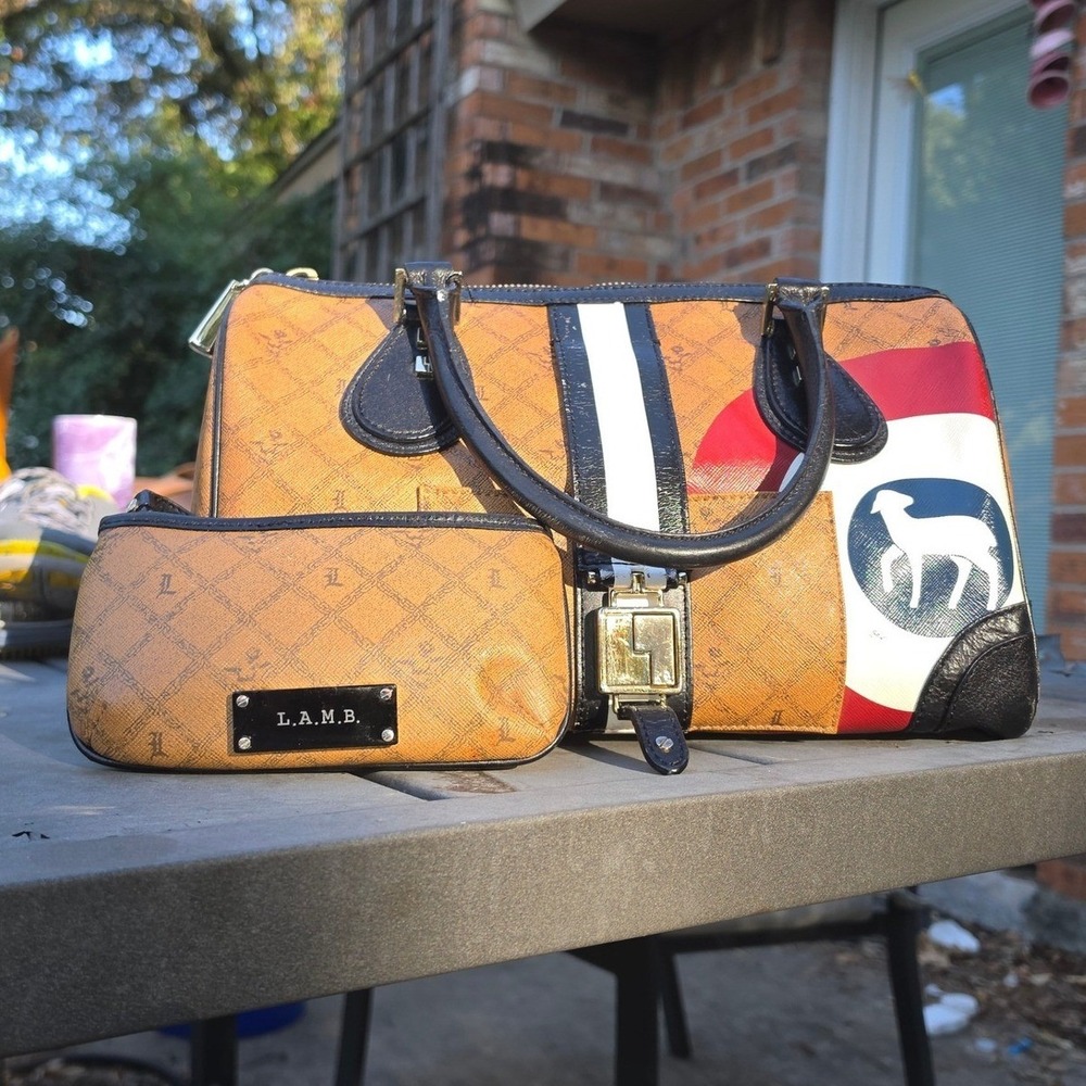 LAMB Gwen Stefani Monogram Satchel Bag and Wristlet Set Tan Black Target Logo